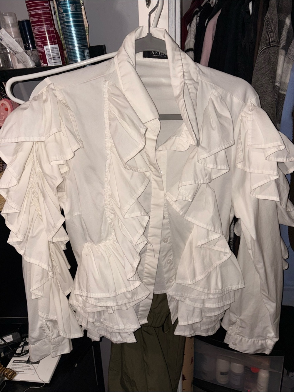 AKRIA White Ruffled Button-Front Women's Top